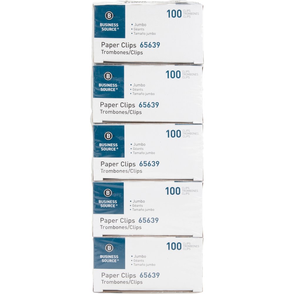 Business Source Paper Clips - Jumbo - Silver - Steel - 100/Box - 10 / Pack. Picture 3