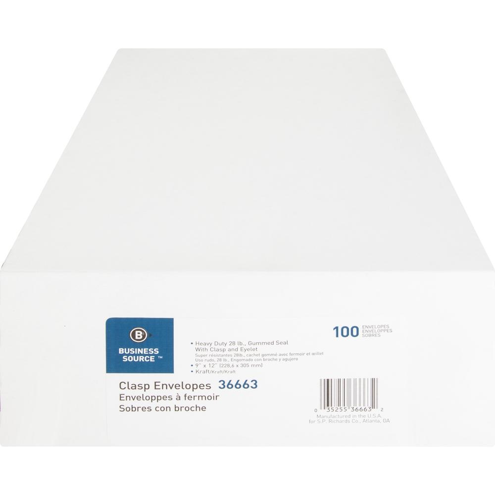 Business Source Heavy-duty Clasp Envelopes - Clasp - #90 - 9" Width x 12" Length - 28 lb - Clasp - Kraft - 100 / Box - Kraft. Picture 7