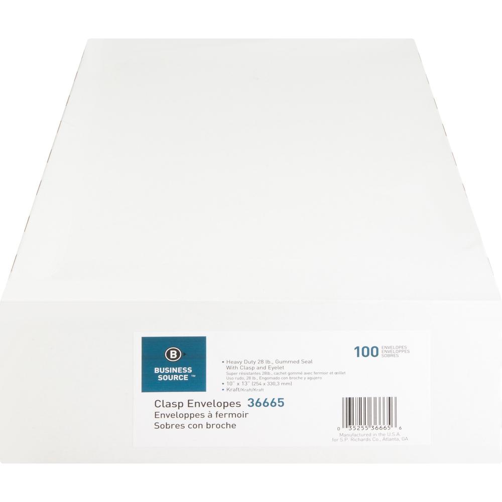 Business Source Heavy-duty Clasp Envelopes - Clasp - #97 - 10" Width x 13" Length - 28 lb - Clasp - Kraft - Kraft - 100 / Box. Picture 4