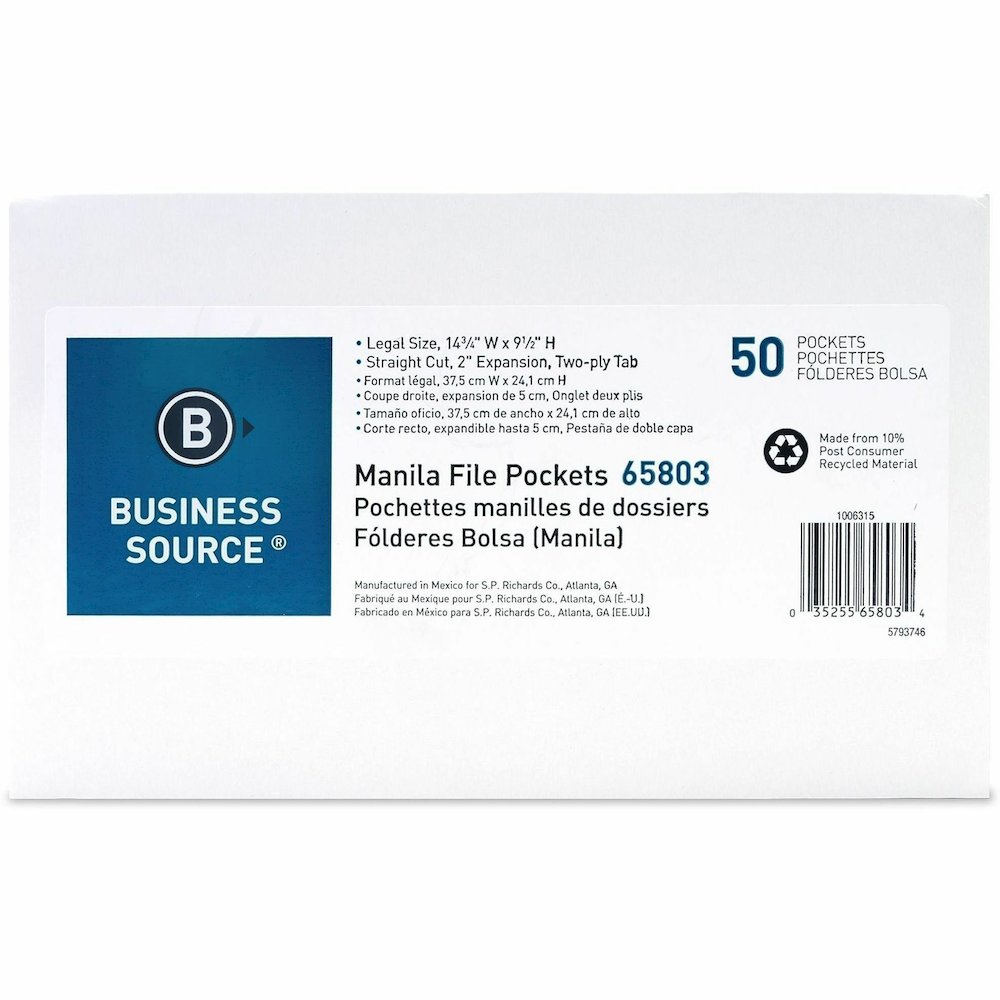 Business Source Straight Tab Cut Legal Recycled File Pocket - 8 1/2" x 14" - 2" Expansion - 11 pt. - Manila - Slip Resistant, Reinforced Tab, Heavyweight Cover - 10% Recycled - 50 / Box. Picture 3