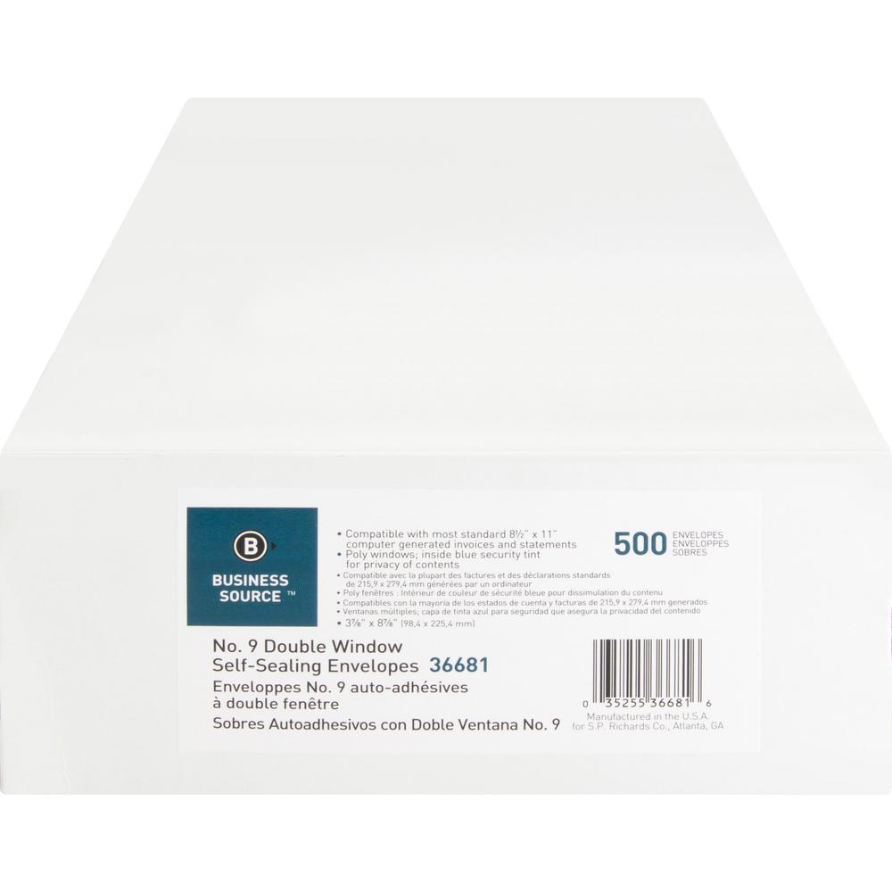 Business Source No. 9 Double Window Invoice Envelopes - Double Window - #9 - 8 7/8" Width x 3 7/8" Length - 24 lb - Self-sealing - White - 500 / Box. Picture 6