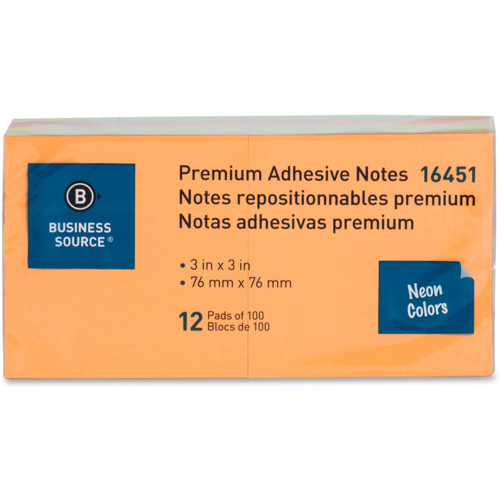Business Source Repositionable Neon Notes - 3" Flag/Note Width x 3" Flag/Note Length - Square - Neon - Removable, Repositionable, Solvent-free Adhesive - 1 Pack. Picture 2