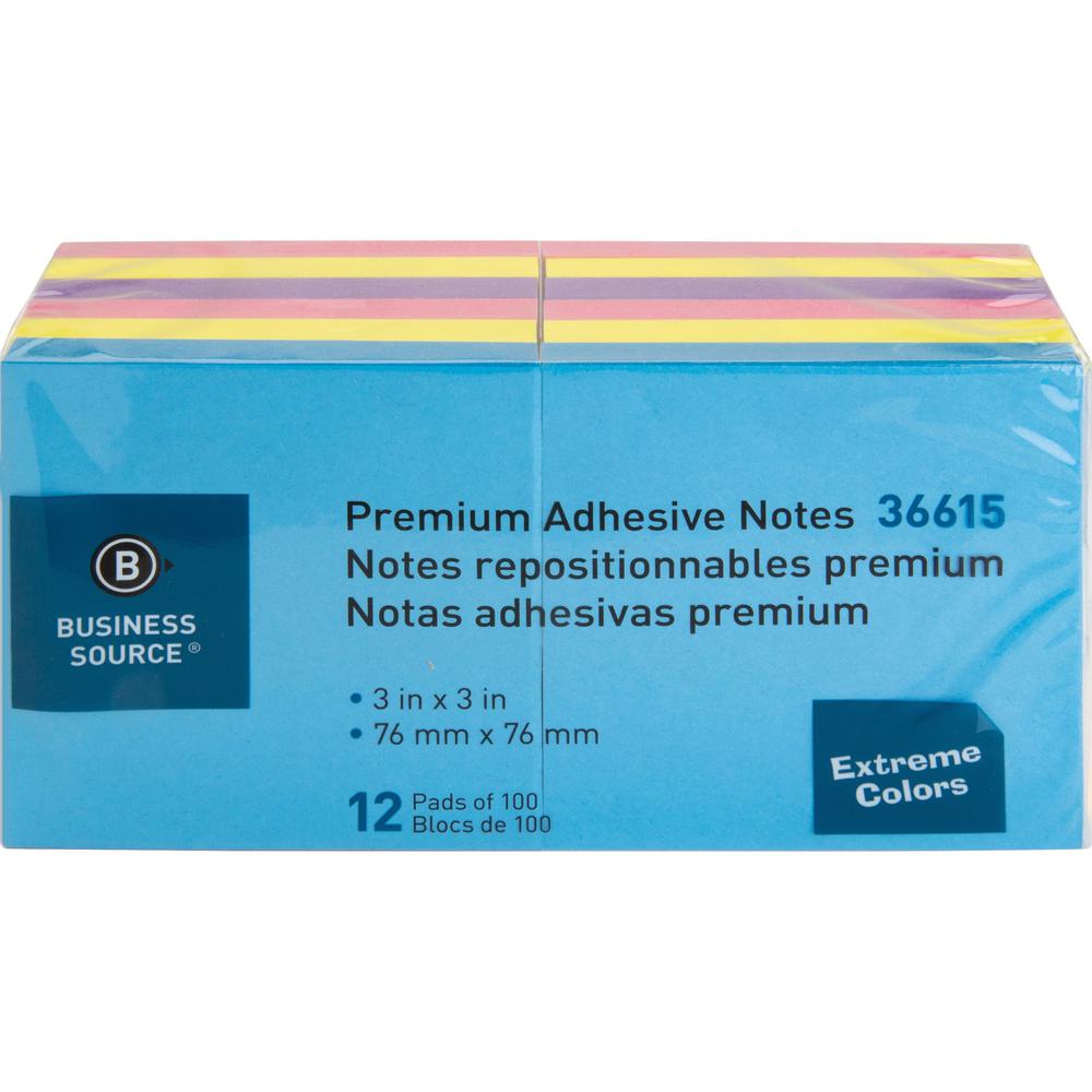 Business Source 3x3 Extreme Colors Adhesive Notes - 100 - 3" Flag/Note Width x 3" Flag/Note Length - Square - Assorted - Repositionable, Solvent-free Adhesive - 12 / Pack. Picture 8