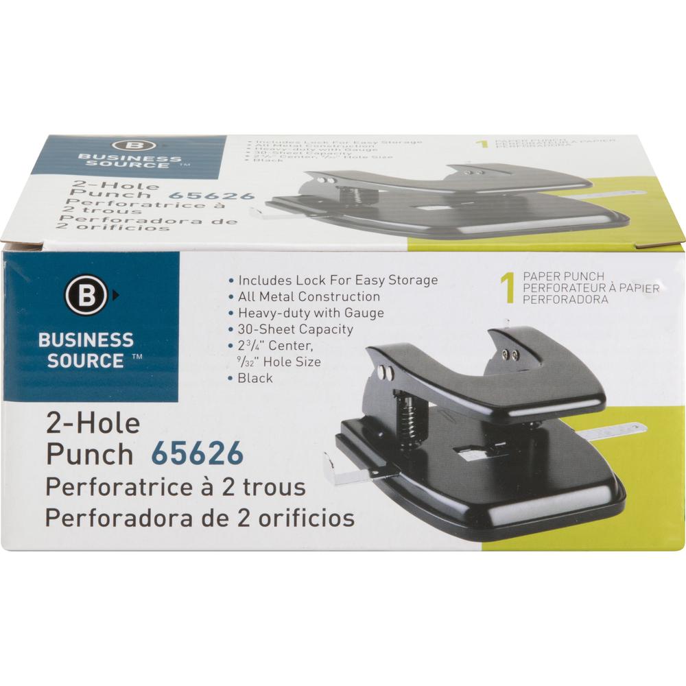 Business Source Heavy-duty 2-Hole Punch - 2 Punch Head(s) - 30 Sheet of 20lb Paper - 9/32" Punch Size - Round Shape - Steel, Rubber - Black. Picture 3