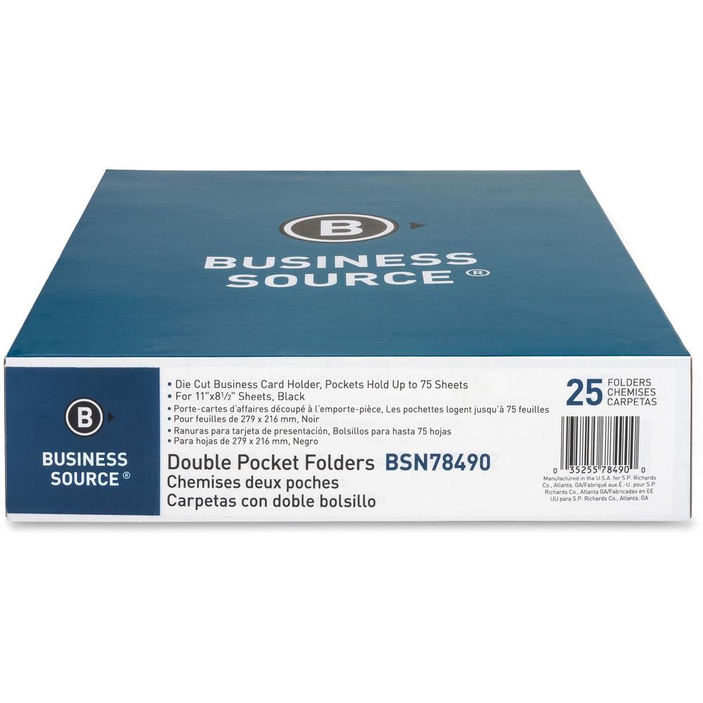 Business Source Letter Recycled Pocket Folder - 8 1/2" x 11" - 100 Sheets Capacity - 2 Inside Front & Back Pocket - Paper - Black - Card Holder - 35% Recycled - 25 / Box. Picture 4