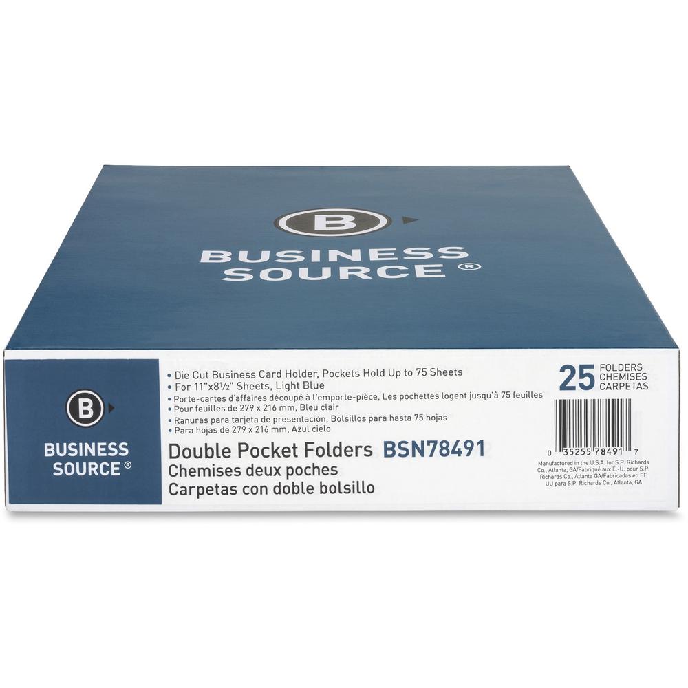 Business Source Letter Recycled Pocket Folder - 8 1/2" x 11" - 100 Sheets Capacity - 2 Inside Front & Back Pocket - Paper - Blue - Card Holder - 35% Recycled - 25 / Box. Picture 2