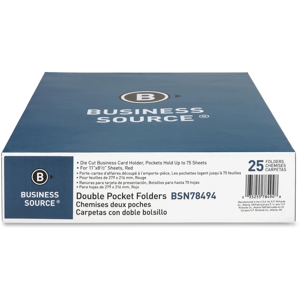 Business Source Letter Pocket Folder - 8 1/2" x 11" - 100 Sheets Capacity - 2 Inside Front & Back Pocket - Paper - Red - Card Holder - 25 / Box. Picture 3