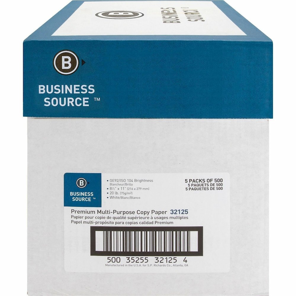 Business Source Premium Multipurpose Copy Paper - White - 92 Brightness - Letter - 8 1/2" x 11" - 20 lb Basis Weight - Acid-free - White - 2500 Sheets - 500 Sheets per Ream - 5 / Carton. Picture 3