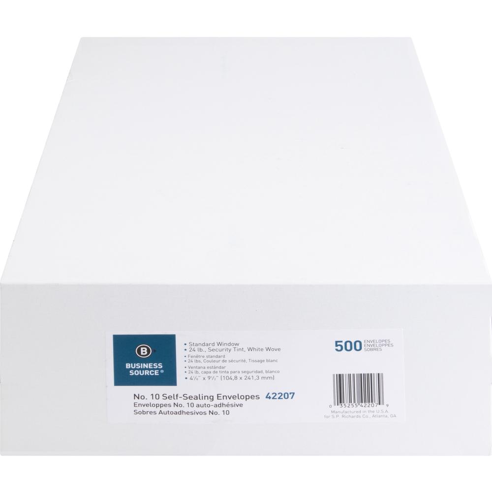 Business Source No.10 Standard Window Invoice Envelopes - Single Window - 9 1/2" Width x 4 1/2" Length - 24 lb - Self-sealing - White - Poly - 1 Box. Picture 2