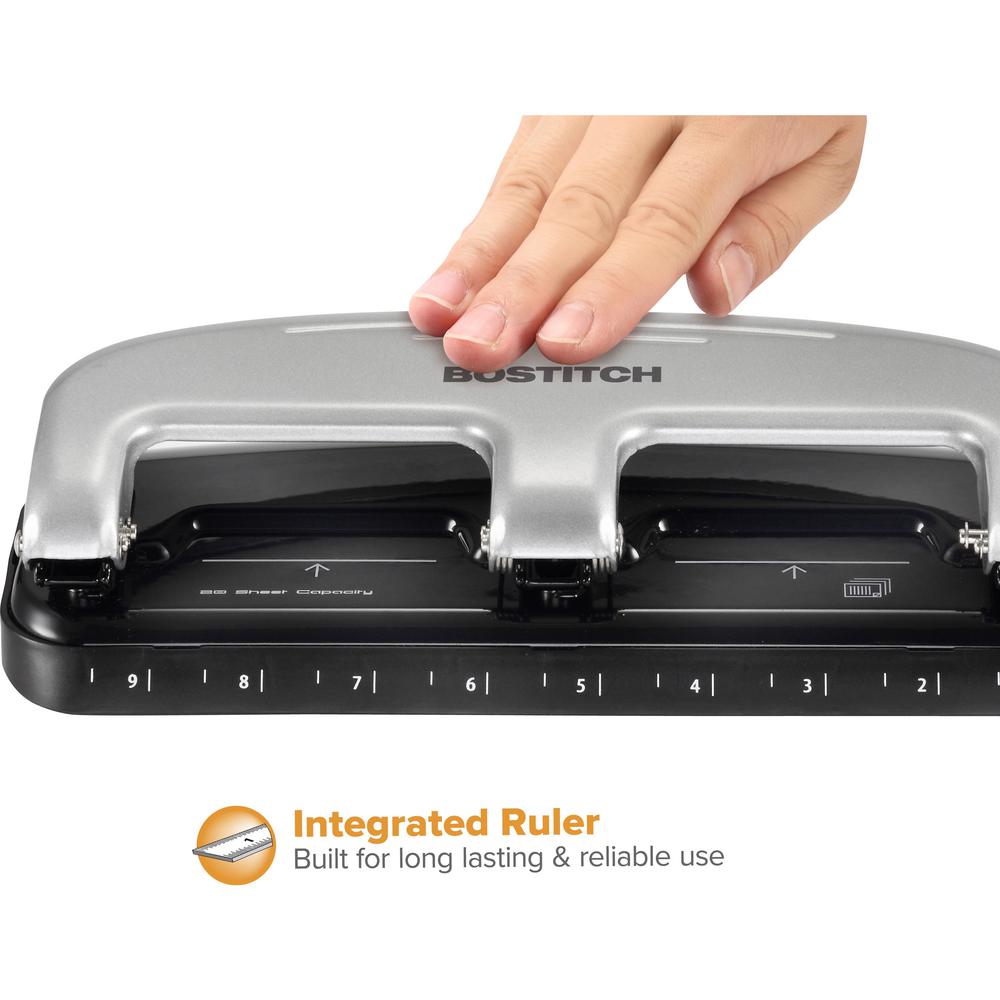 Bostitch EZ Squeeze&trade; 20 Three-Hole Punch - 3 Punch Head(s) - 20 Sheet - 9/32" Punch Size - 4.4" x 2" - Black, Silver. Picture 7