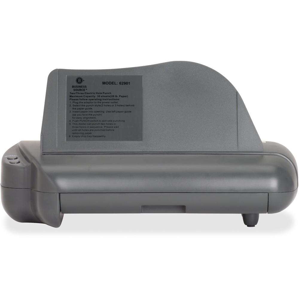 Business Source Electric Adjustable 3-hole Punch - 3 Punch Head(s) - 30 Sheet of 20lb Paper - 1/4" Punch Size - 17.8" Width x 5.3" Depth x 8.3" Height - Gray. Picture 12