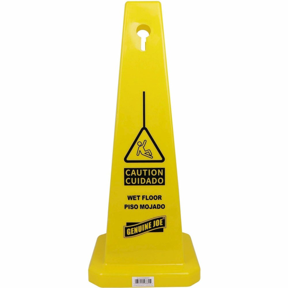 Genuine Joe Bright 4-sided Caution Safety Cone - English, Spanish - 10" Width x 24" Height x 10" Depth - Cone Shape - Stackable - Industrial - Polypropylene - Yellow - 1 Each. Picture 4