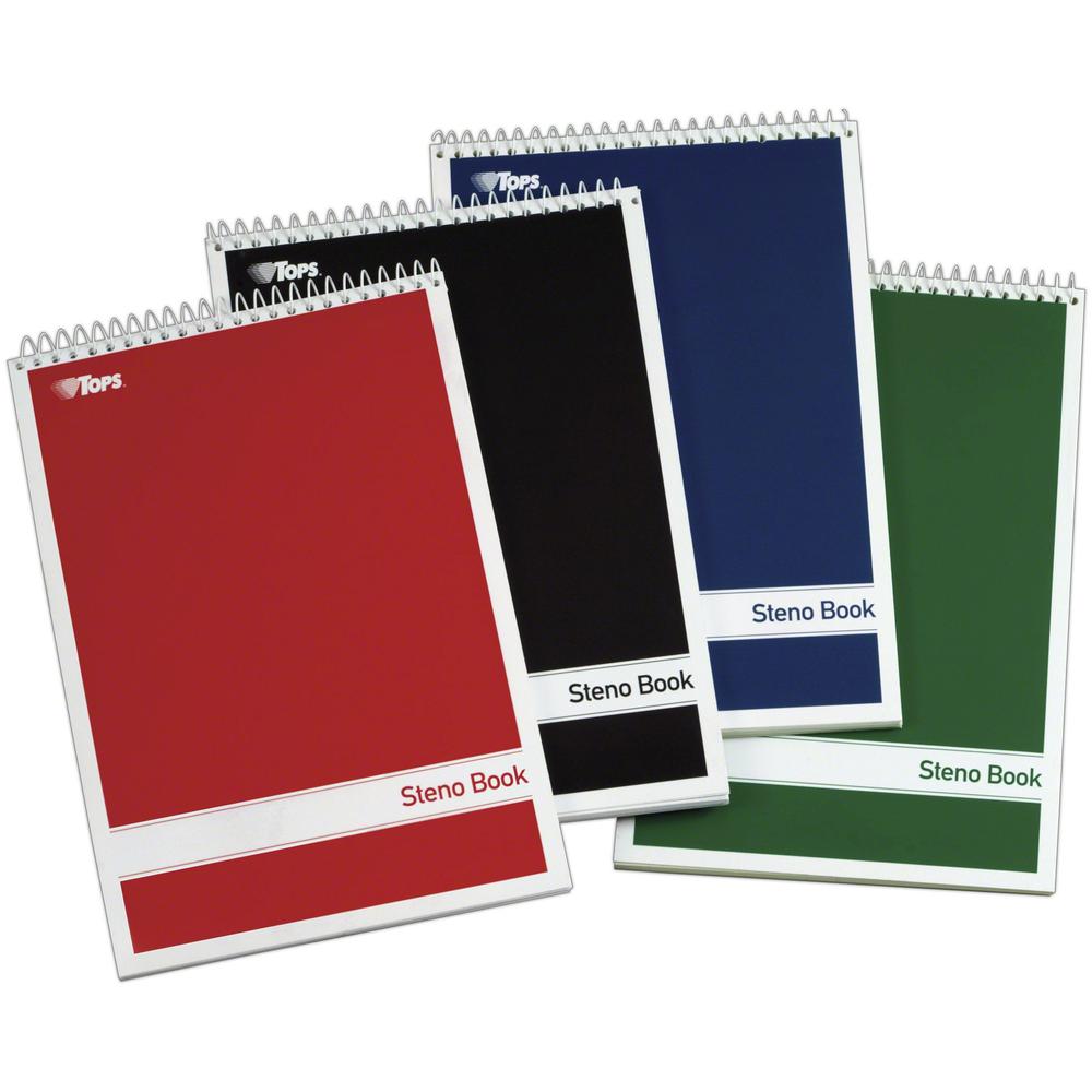 TOPS Gregg-ruled Steno Book - 80 Sheets - Wire Bound - 15 lb Basis Weight - 6" x 9" - 9" x 6" - Green Tint Paper - Red, Green, Black, Blue Cover - Durable Cover, Rigid, Acid-free - 4 / Pack. Picture 3