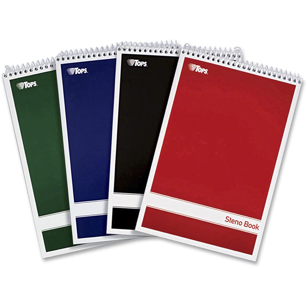 TOPS Gregg-ruled Steno Book - 80 Sheets - Wire Bound - 15 lb Basis Weight - 6" x 9" - 1.25" x 9" x 6" - White Paper - Red, Green, Black, Blue Cover - Durable Cover, Rigid, Chipboard Backing, Acid-free. Picture 4