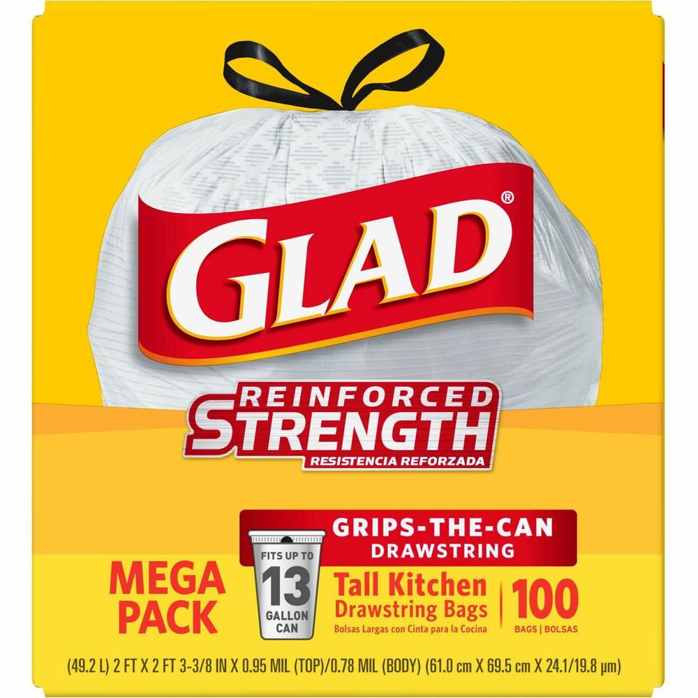 Glad ForceFlex Tall Kitchen Drawstring Trash Bags - 13 gal Capacity - 24" Width x 27" Length - 9 mil (229 Micron) Thickness - Drawstring Closure - White - Plastic - 100/Box - Kitchen, Office, Day Care. Picture 4