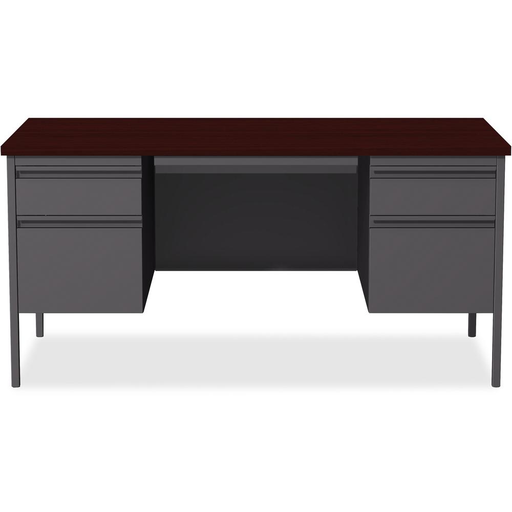 Lorell Fortress Series Double-Pedestal Desk - Rectangle Top - 60" Table Top Width x 30" Table Top Depth x 1.12" Table Top Thickness - 29.50" HeightAssembly Required - Laminated, Mahogany - Steel - 1 E. Picture 2