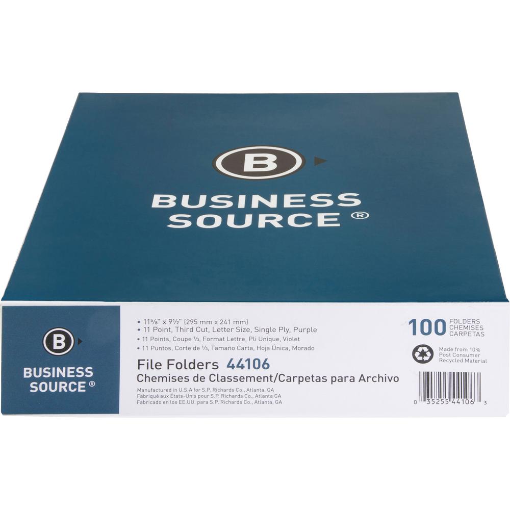 Business Source 1/3 Tab Cut Recycled Top Tab File Folder - 11 pt. - Purple - 10% Recycled - 100 / Box. Picture 4