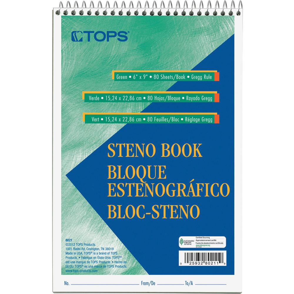 TOPS Steno Books - 80 Sheets - Wire Bound - Gregg Ruled Margin - 6" x 9" Sheet Size - Green Tint Paper - Snag Resistant, Acid-free, Heavyweight - 1 Dozen. Picture 3