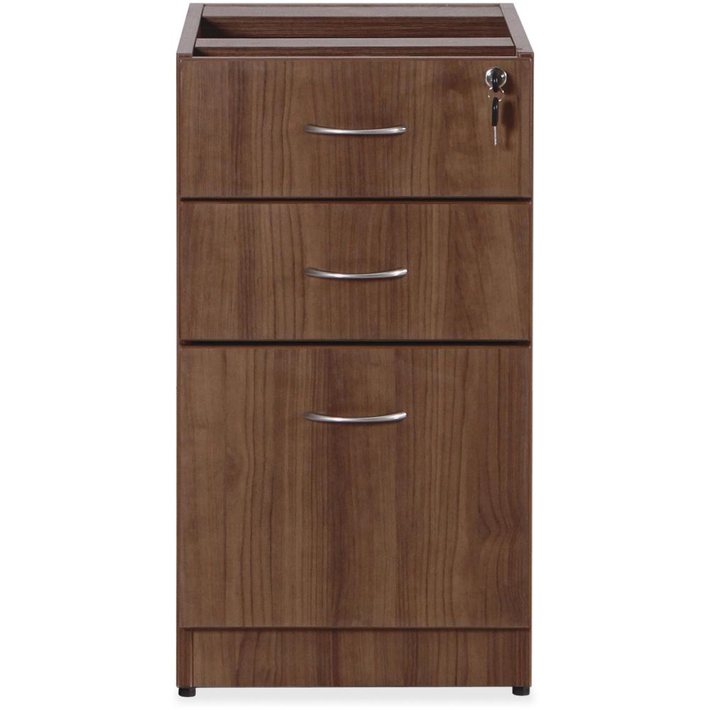 Lorell Essentials Series Box/Box/File Fixed File Cabinet - 28.5" Height x 15.5" Width x 21.9" Depth Pedestal - Total Drawer(s): 3 - Finish: Laminate, Walnut - Built-in Hangrail - For File, File Folder. Picture 3
