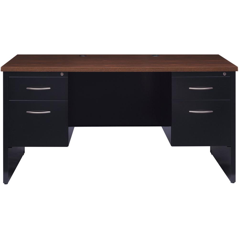 Lorell Fortress Modular Series Double-Pedestal Desk - 60" Width x 30" Depth, x 1.1" Thickness Top - Total Drawer(s): 4 - Double Pedestal - Material: Steel - Finish: Walnut Laminate, Black - Scratch Re. Picture 3