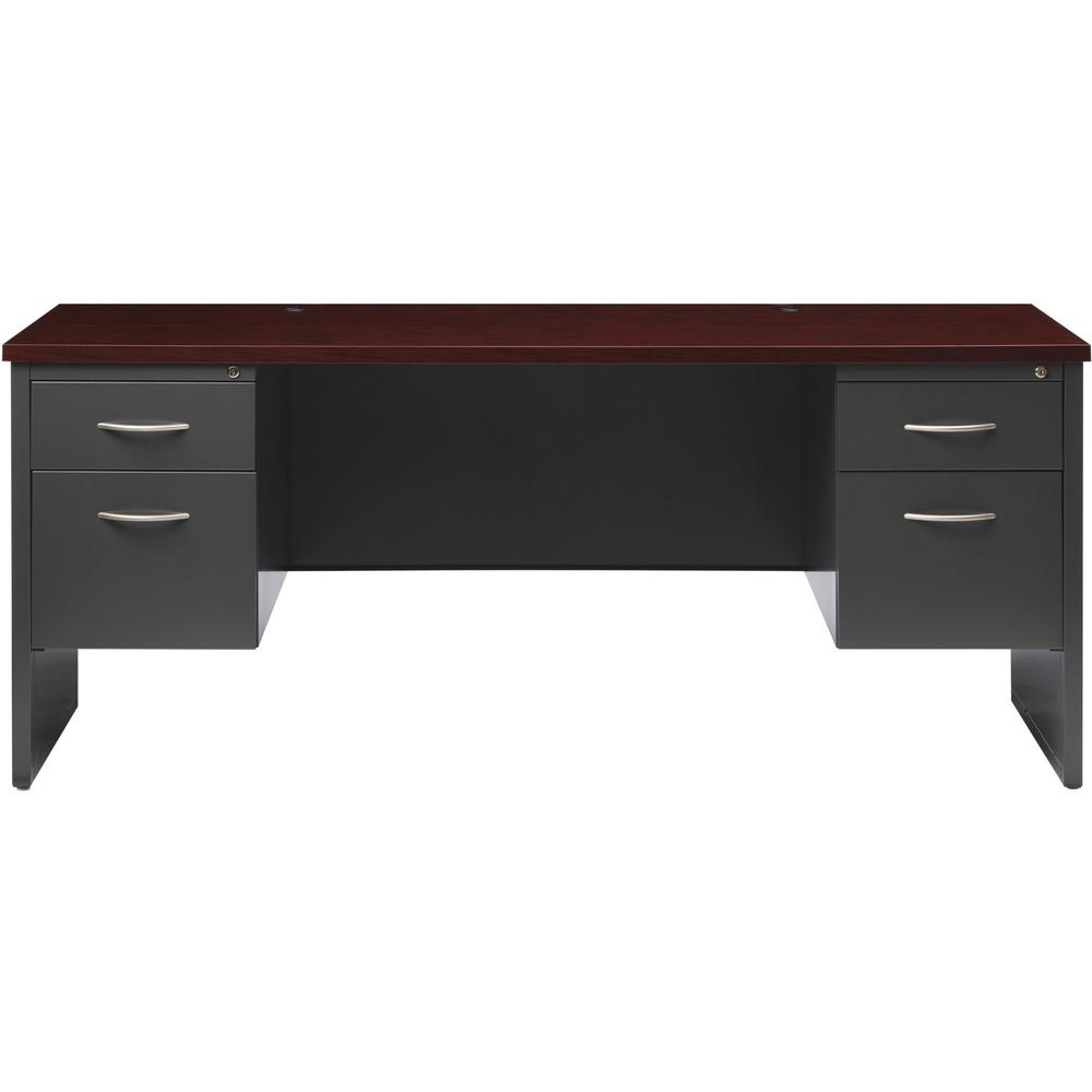 Lorell Fortress Modular Series Double-pedestal Credenza - 72" Width x 24" Depth, x 1.1" Thickness Top - Total Drawer(s): 2 - Double Pedestal - Material: Steel - Finish: Mahogany Laminate, Charcoal - S. Picture 2