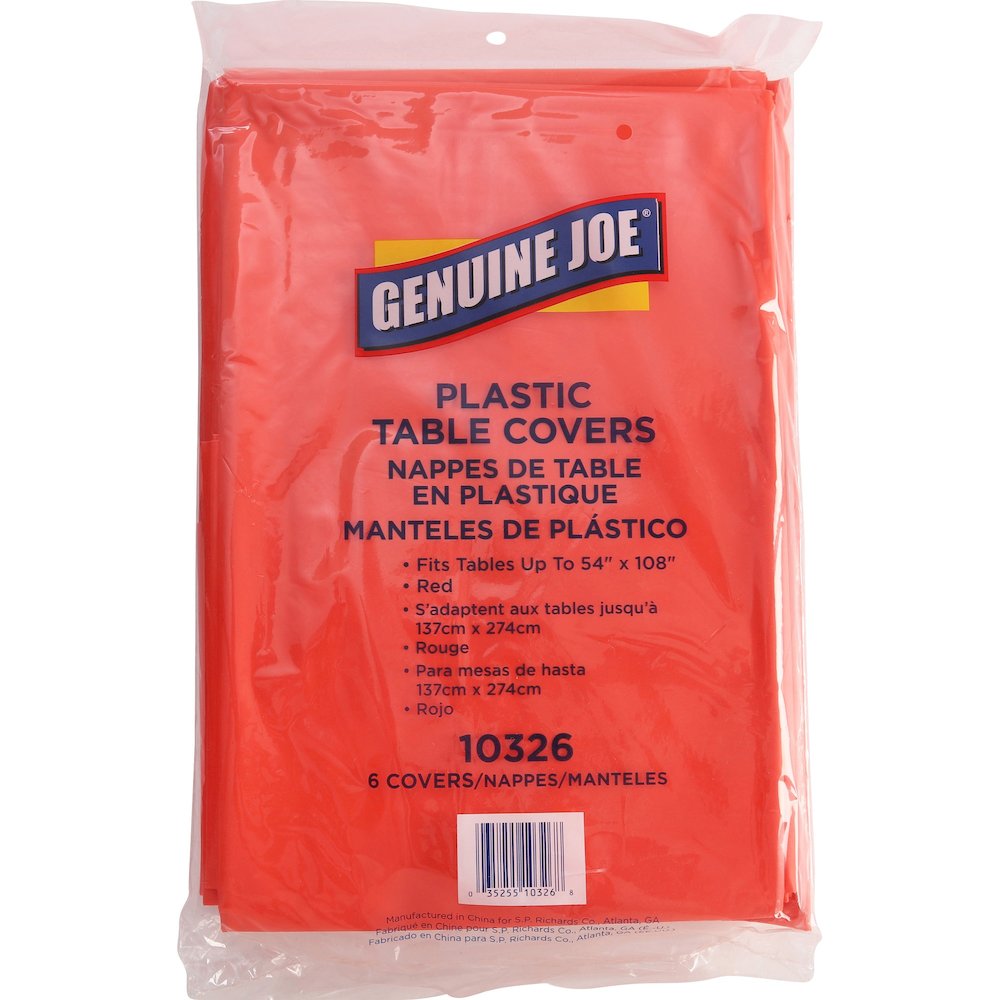 Genuine Joe Plastic Rectangular Table Covers - 108" Length x 54" Width - Plastic - Red - 6/Pack - 4 / Carton. Picture 5