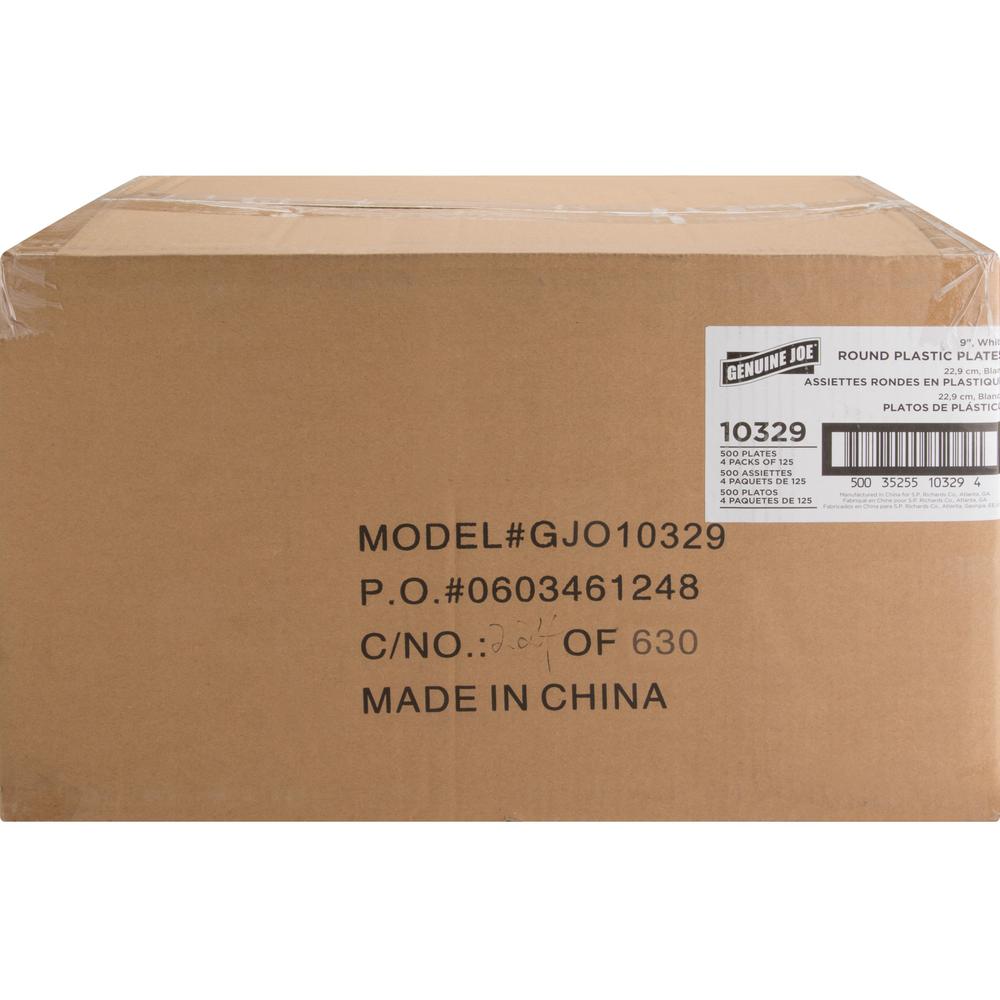 Genuine Joe 9" Reusable Plastic Plates - Serving - Disposable - 9" Diameter - White - Plastic Body - 125/Pack - 4 / Carton. Picture 2