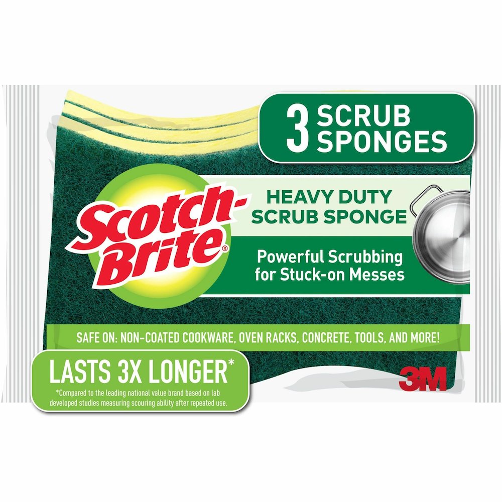 Scotch-Brite Heavy-Duty Scrub Sponges - 2.8" Height x 4.5" Width x 4.5" Length x 590 mil Thickness - 3/Pack - 8 / Carton - Yellow, Green. Picture 3