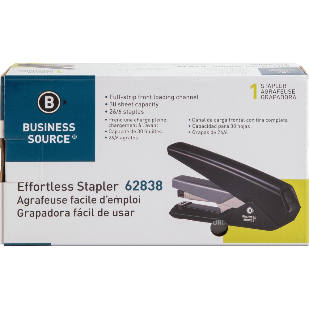 Business Source Full Strip Flat-Clinch Stapler - Staples Upto 30 Sheet of 20lb Paper - Holds Upto 210 Staple - Full Strip - Staple Size: 0.25" - Front Loading - Black - 1 Each. Picture 6