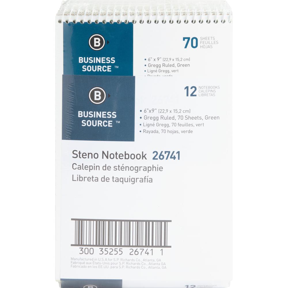 Business Source Steno Notebook - 70 Sheets - Wire Bound - Gregg Ruled Margin - 15 lb Basis Weight - 6" x 9" Sheet Size - Green Paper - Stiff-back - 12 / Pack. Picture 8