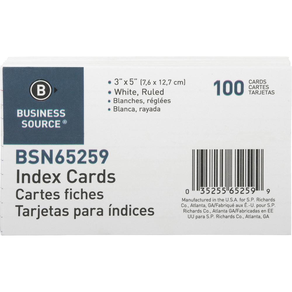 Business Source Ruled Index Cards - Front Ruling Surface - Ruled Front Ruling - 72 lb Basis Weight - 5" x 3" Sheet Size - White Paper - 100/Pack - 10 / Box. Picture 7
