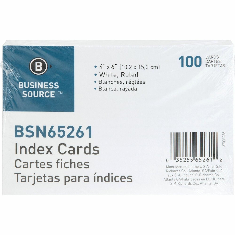 Business Source Ruled Index Cards - Front Ruling Surface - Ruled Front Ruling - 72 lb Basis Weight - 6" x 4" Sheet Size - White Paper - 100/Pack - 10 / Box. Picture 3