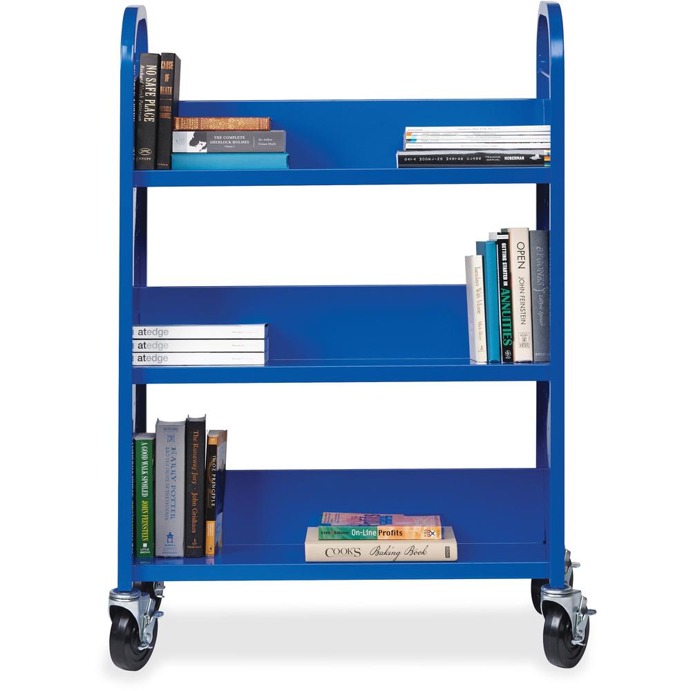 Lorell Single-sided Book Cart - 3 Shelf - Round Handle - 5" Caster Size - Steel - 32" Width x 14" Depth x 46" Height - Blue - 1 Each. Picture 9