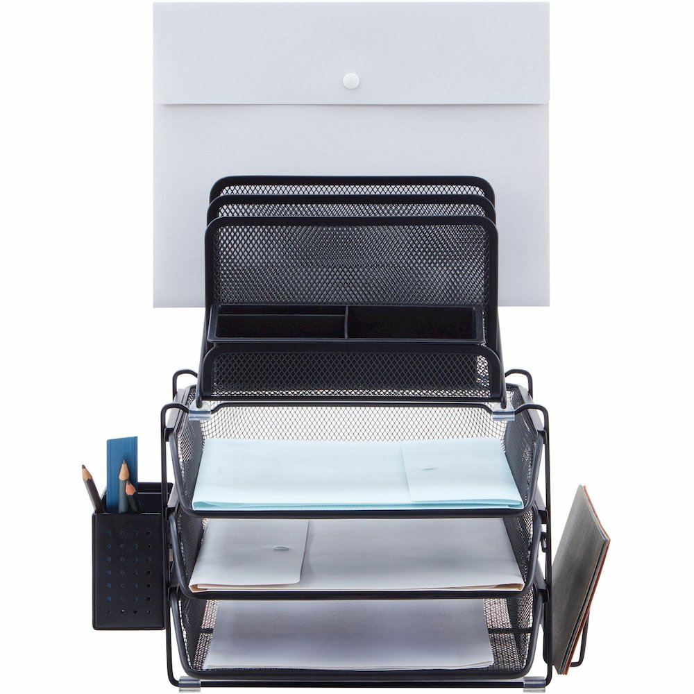 Lorell Divided 4-tier Desktop Organizer - 4 Tier(s) - 15.75" Height x 12.87" Width x 14.37" Depth - Desktop - Black - Plastic, Mesh - 1 Each. Picture 3