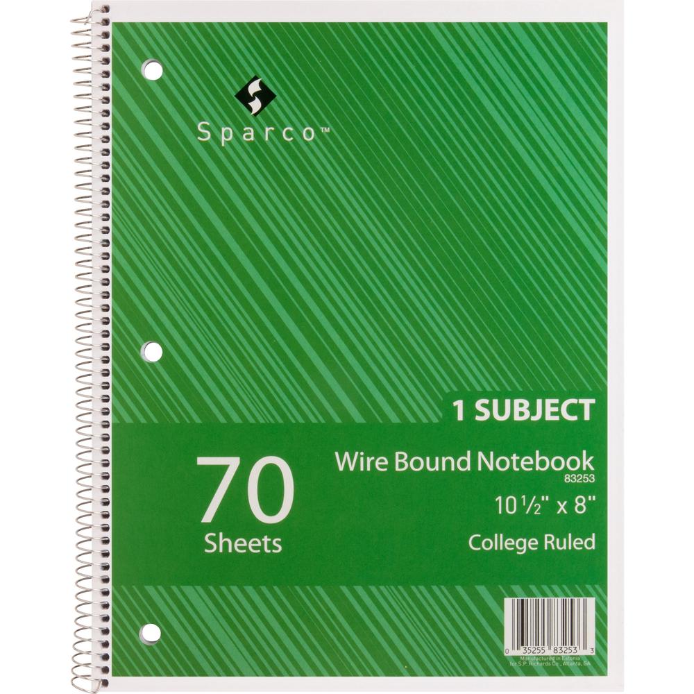 Sparco Wirebound Notebooks - 70 Sheets - Wire Bound - College Ruled Front Ruling - Unruled Margin - 16 lb Basis Weight - 8" x 10 1/2" Sheet Size - Assorted Chipboard Cover - Subject, Stiff-cover, Stif. Picture 4