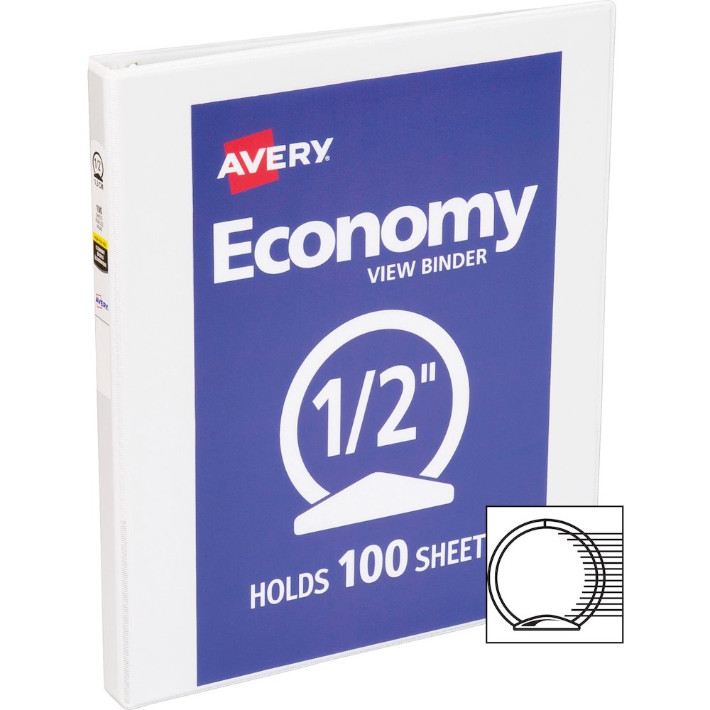 Avery&reg; Economy View Binder - 1/2" Binder Capacity - Letter - 8 1/2" x 11" Sheet Size - 100 Sheet Capacity - 3 Ring - Fastener: Round Ring - Pocket: 2, Internal - Vinyl, Chipboard - White - 13.12 l. Picture 3