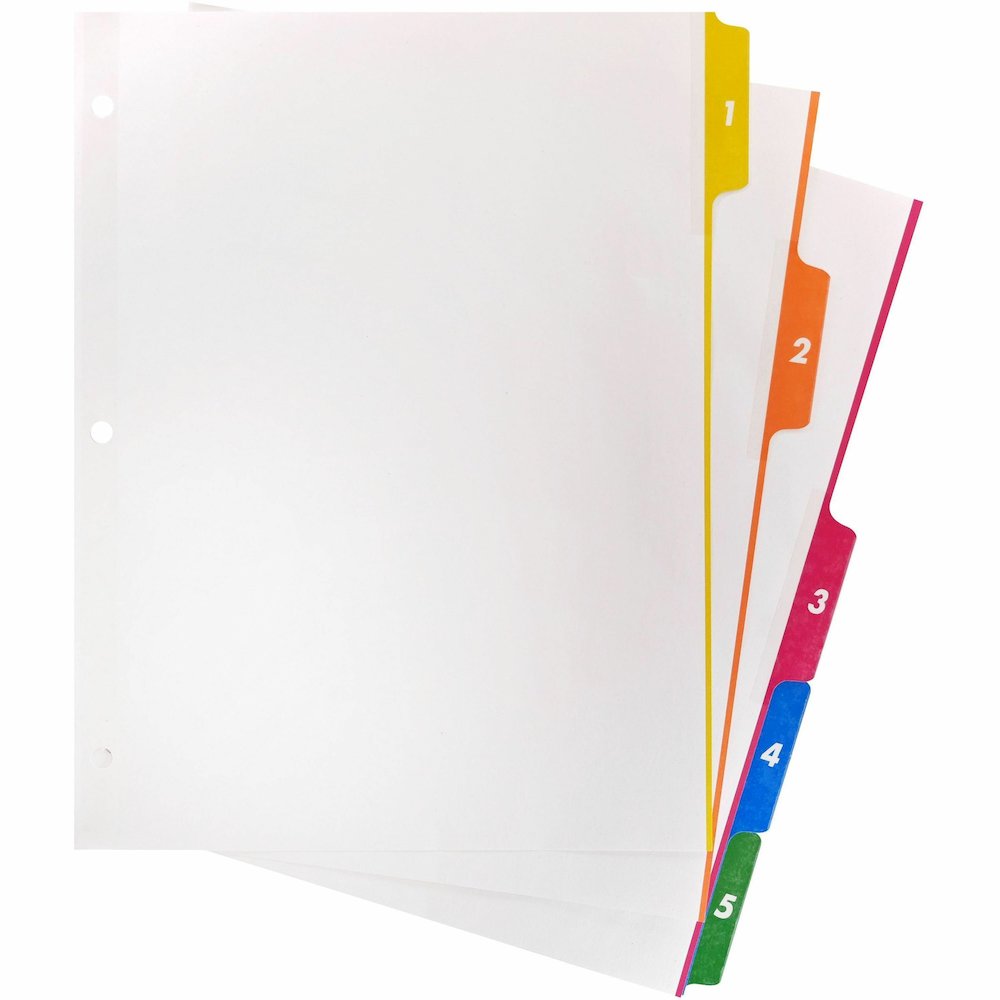 Business Source Color-coded Table of Contents/Tabs Index Dividers - Printed Tab(s) - Digit - 1-5 - 5 Tab(s)/Set - 3 Hole Punched - White Divider - Multicolor Mylar Tab(s) - 1 Box. Picture 3