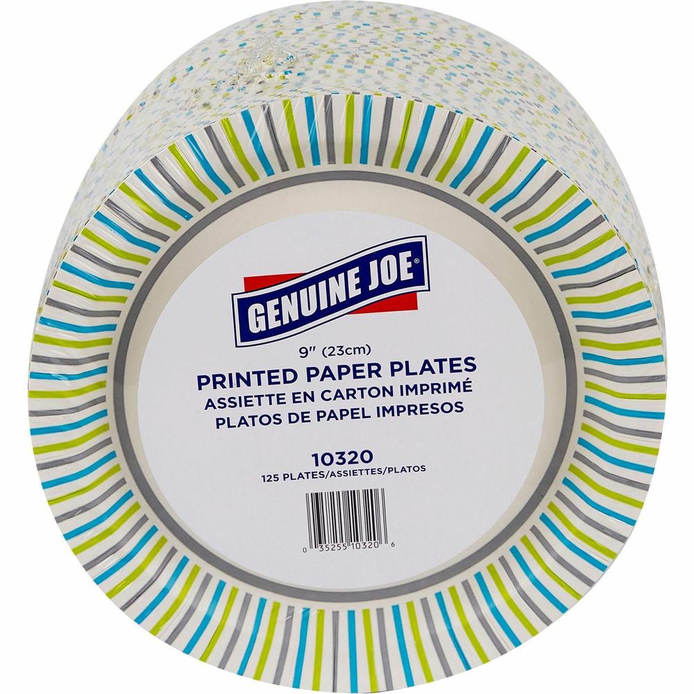 Genuine Joe 9" Printed Paper Plates - Disposable - 9" Diameter - Assorted - 125 / Pack. Picture 3