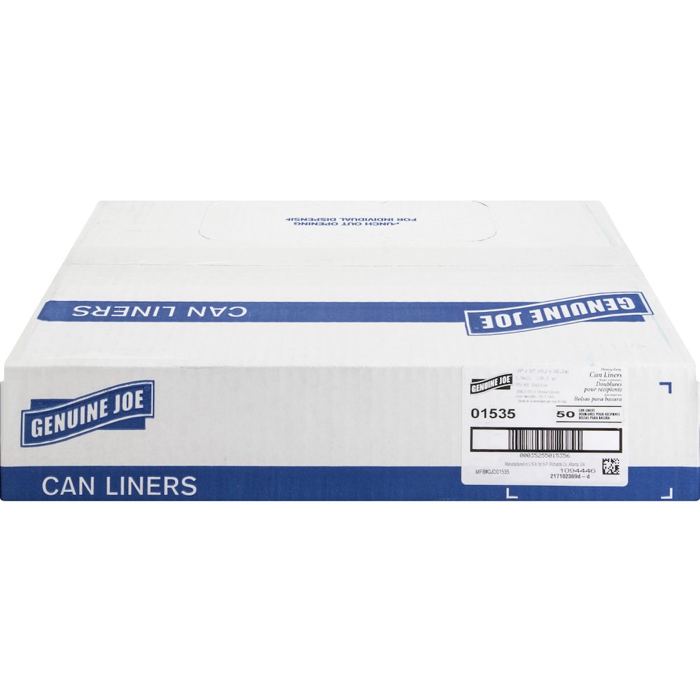 Genuine Joe Heavy-Duty Trash Can Liners - 60 gal Capacity - 56" Length x 39" Width x 1.50 mil (38 Micron) Thickness - Low Density - Black - Plastic Resin - Waste, Debris, Can - 50/Box - 96 / Pallet. Picture 3