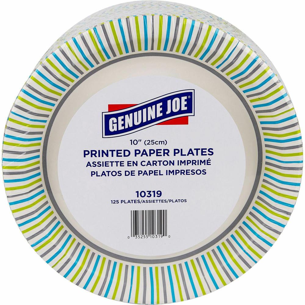 Genuine Joe 10" Printed Paper Plates - Disposable - 10" Diameter - Assorted - 125/Pack - 4 / Carton. Picture 3