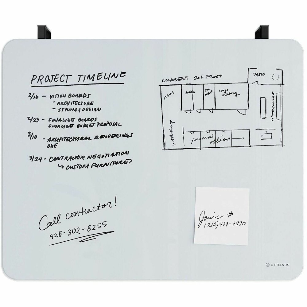 U Brands Magnetic Cubicle/Wall Glass Frameless Dry-Erase Board - 20" (1.7 ft) Width x 16" (1.3 ft) Height - Frosted White Tempered Glass Surface - Rectangle - Horizontal - Magnetic - 1 Each. Picture 3