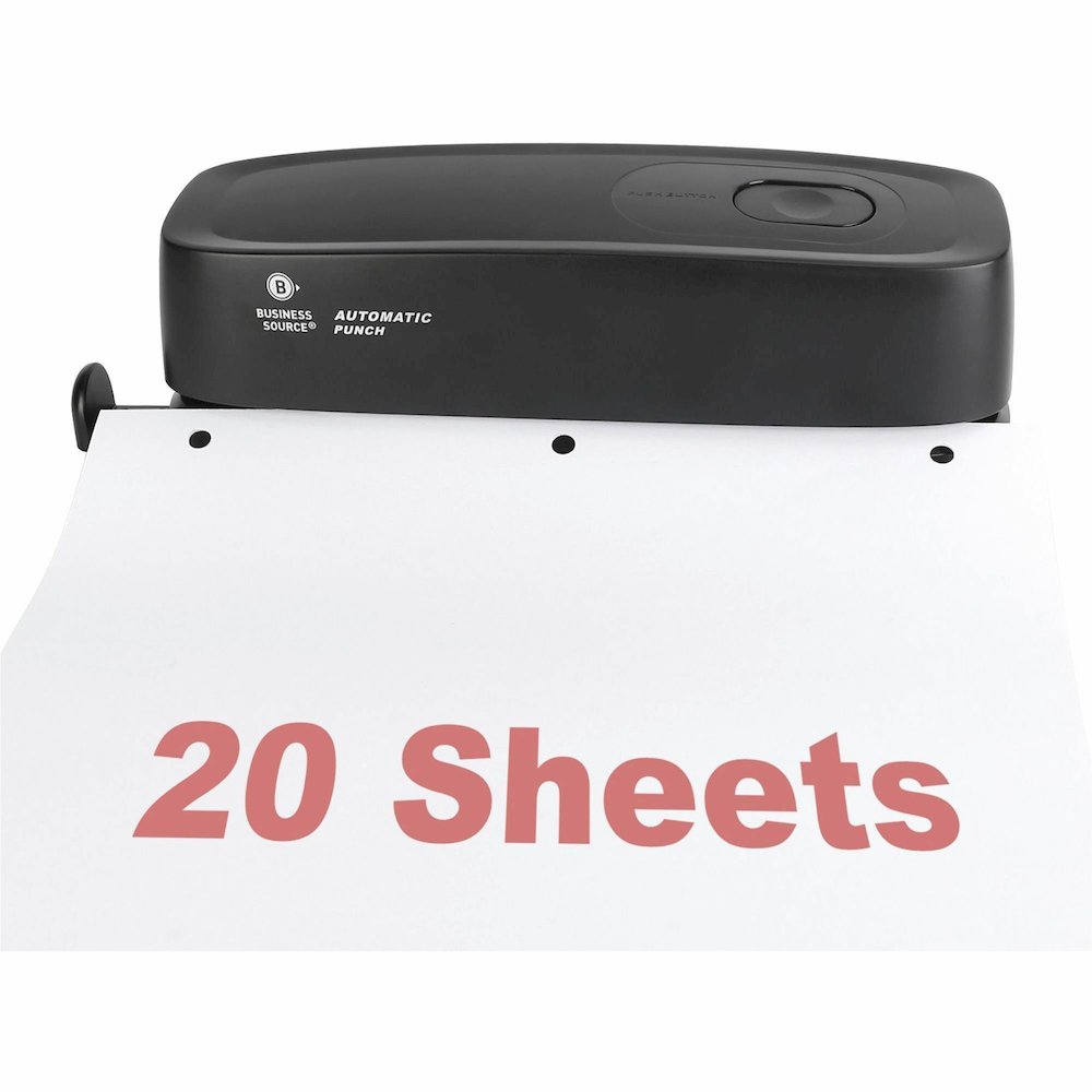 Business Source Electric Hole Punch - 3 Punch Head(s) - 10 Sheet of 20lb Paper - 9/32" Punch Size - 2.6" Width x 11.9" Depth x 3.2" Height - Black. Picture 3