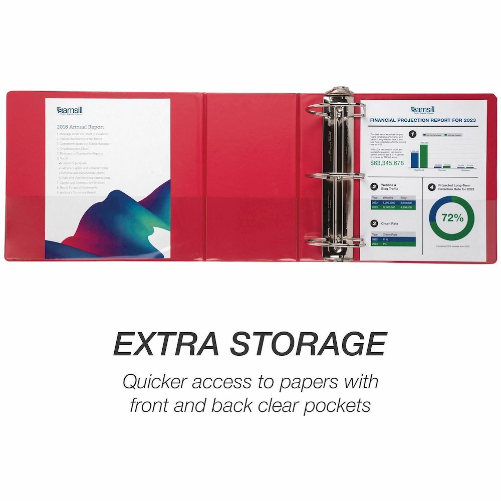 Samsill Nonstick 6" Locking D-Ring View Binder - 6" Binder Capacity - 1225 Sheet Capacity - 3 Ring - Fastener: D-Ring - Pocket: 2, Internal - Red - 2.73 lb - Recycled - Lockable, Non-stick, Concealed . Picture 3