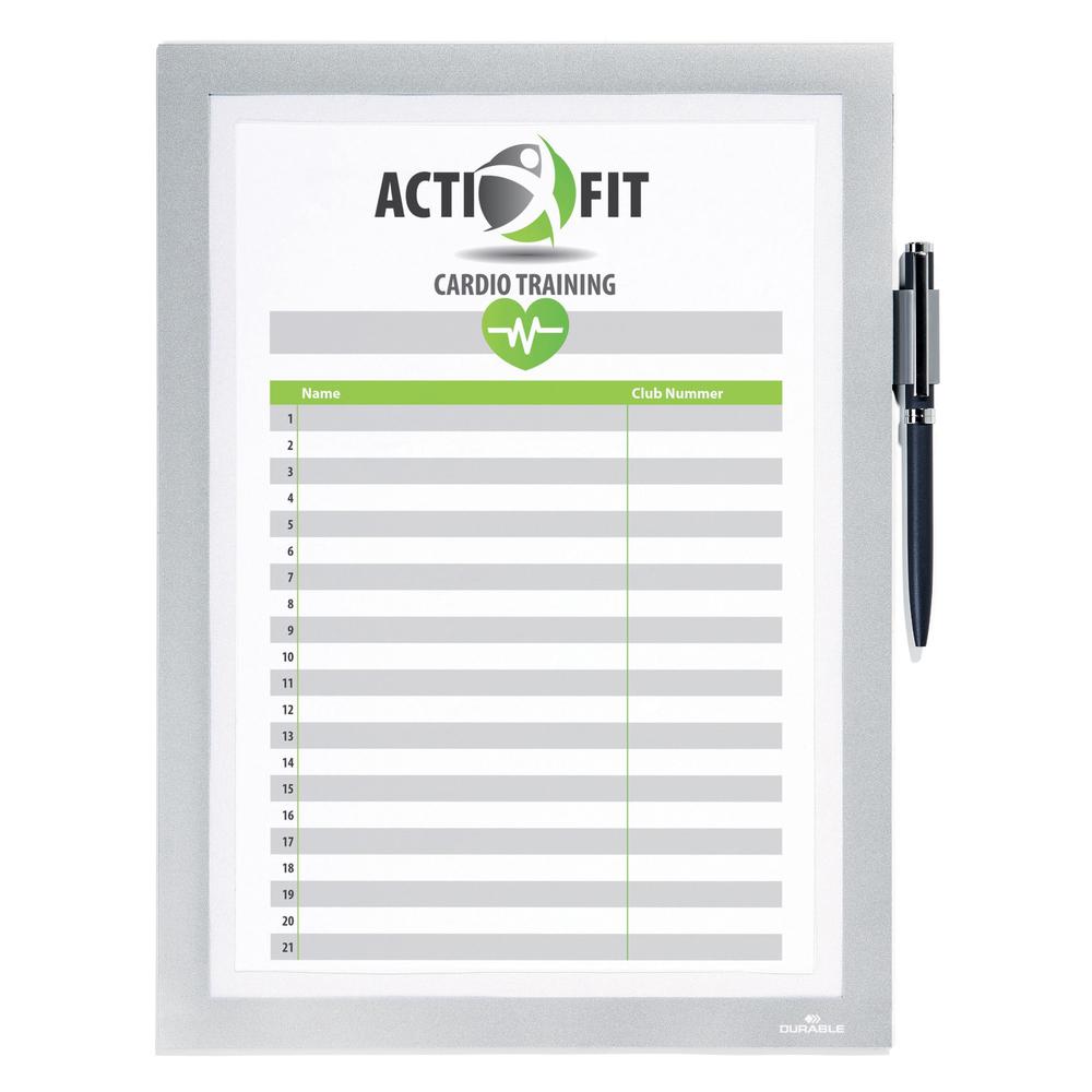 DURABLE DURAFRAME Note - Support 8.50" x 11" Media - Polyvinyl Chloride (PVC) - Silver - Self-adhesive, Magnetic, Foldable, Pen Holder - 1 Each. Picture 5