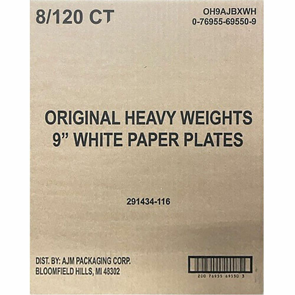 AJM 9" Original Heavyweight Plates - Serving, Reheating - Disposable - Microwave Safe - 9" Diameter - White - Paper Body - 120/Pack - 8 / Carton. Picture 3