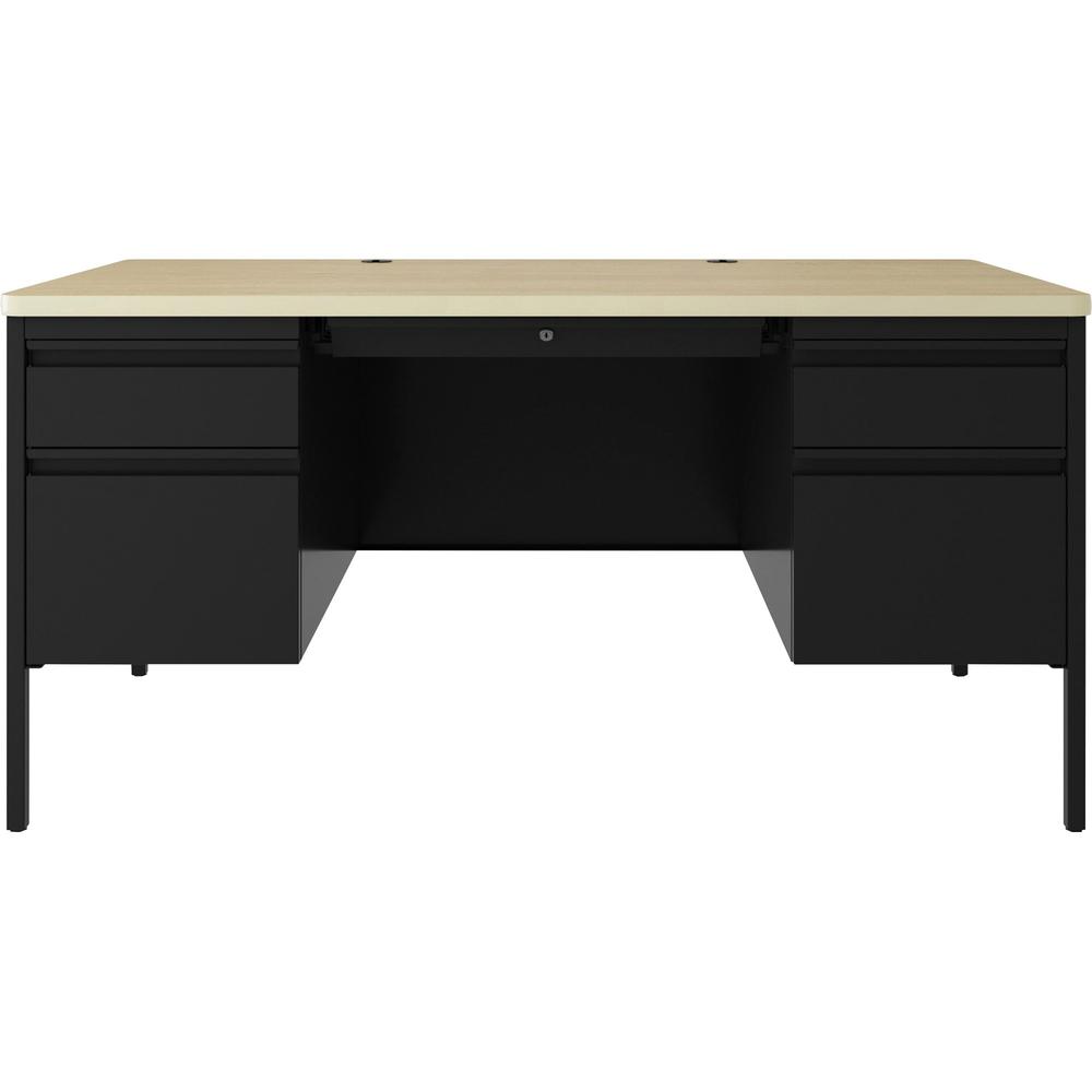 Lorell Fortress Series Double-Pedestal Teachers Desk - 60" x 29.5"30" , 0.8" Modesty Panel - Double Pedestal - T-mold Edge - Material: Steel - Finish: Maple, Black. Picture 2