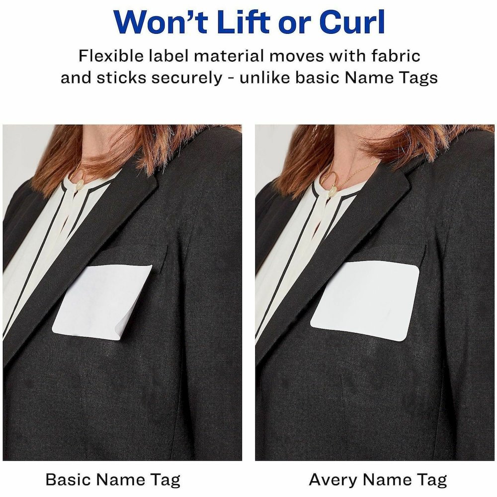 Avery&reg; Flexible Name Badges, 2-1/3" x 3-3/8" , Matte, 80ct (25395) - x 2 21/64" Width x 3 3/8" Length - Removable Adhesive - Rectangle - Inkjet, Laser - Matte - White - Film - 8 / Sheet - 10 Total. Picture 5