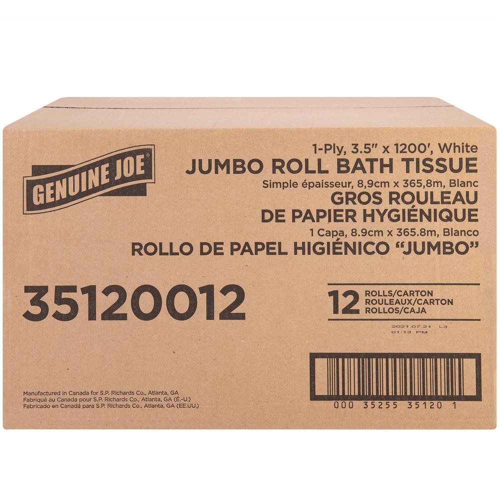 Genuine Joe 1-ply Jumbo Roll Bath Tissue - 1 Ply - 3.63" Width x 1200 ft Length - 8.88" Roll Diameter - White - Fiber - 12 / Carton. Picture 10