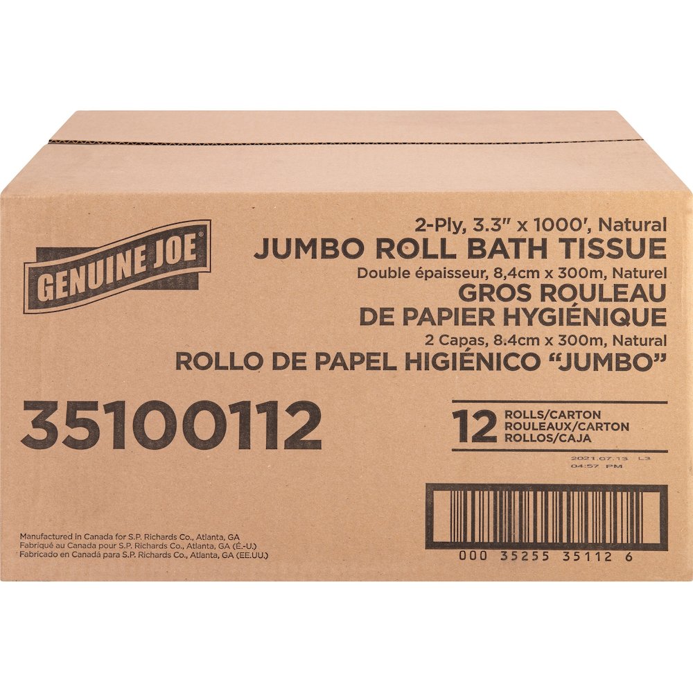 Genuine Joe Jumbo Jr Dispenser Bath Tissue Roll - 2 Ply - 3.30" Width x 1000 ft Length - 8.88" Roll Diameter - White - Fiber - 12 / Carton. Picture 3