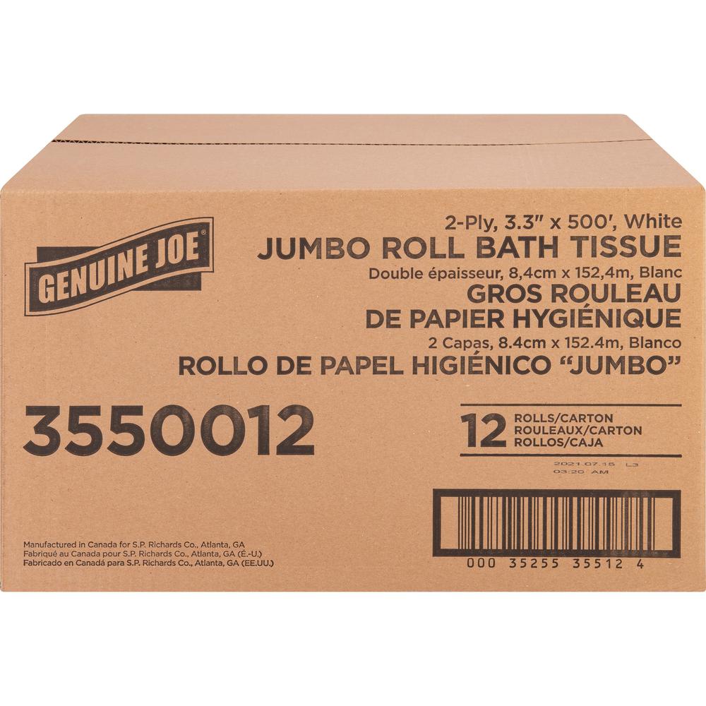 Genuine Joe Jumbo Jr Dispenser Bath Tissue Roll - 2 Ply - 3.30" Width x 500 ft Length - 8.88" Roll Diameter - White - Fiber - 12 / Carton. Picture 6